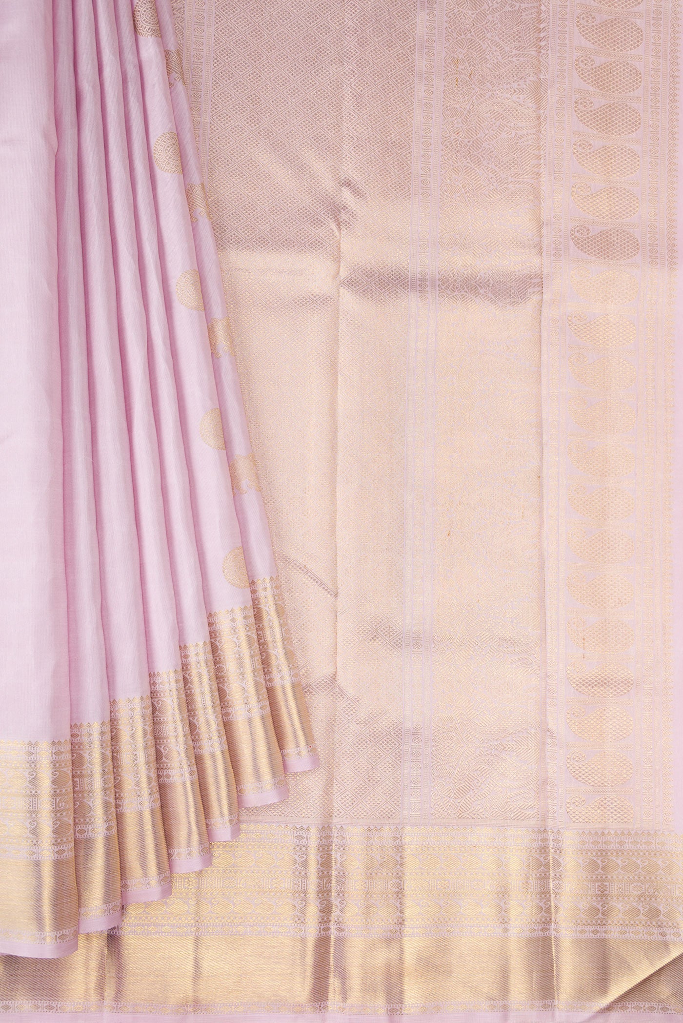 Pleats and pallu of Pure Silk Pure Zari Lavender Kanjivaram Saree with Zari Butta on the body and Zari Border. 