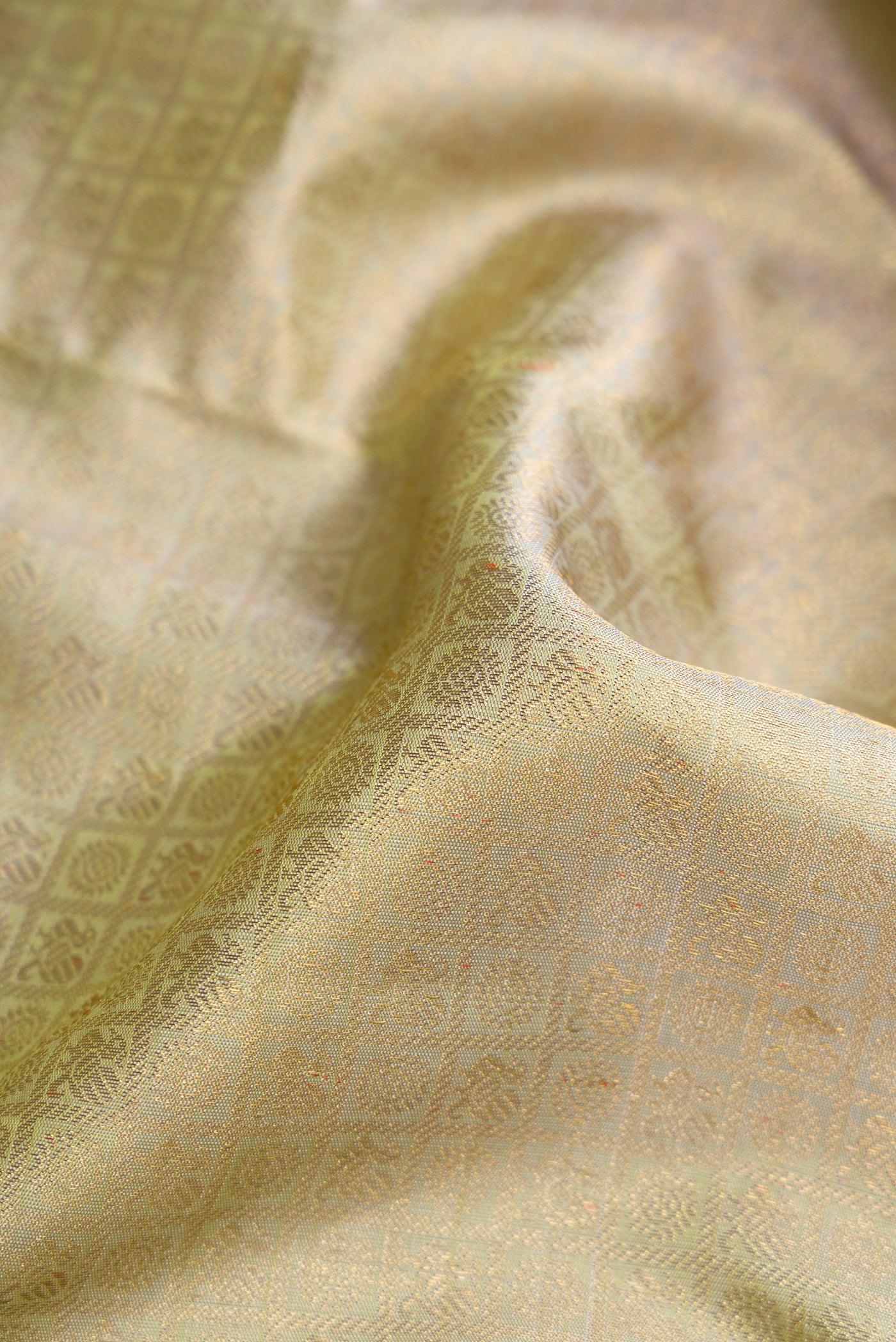 Close up of Pure Silk Pure Zari Light Green Dual Tone Kanjivaram Saree with Zari Brocade on the body and Zari Border.  displaying folds
