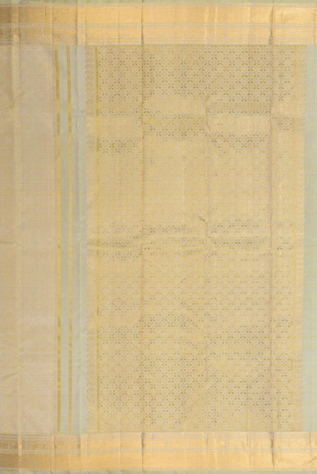 Close up image of the pallu of Pure Silk Pure Zari Light Green Dual Tone Kanjivaram Saree with Zari Brocade on the body and Zari Border. 