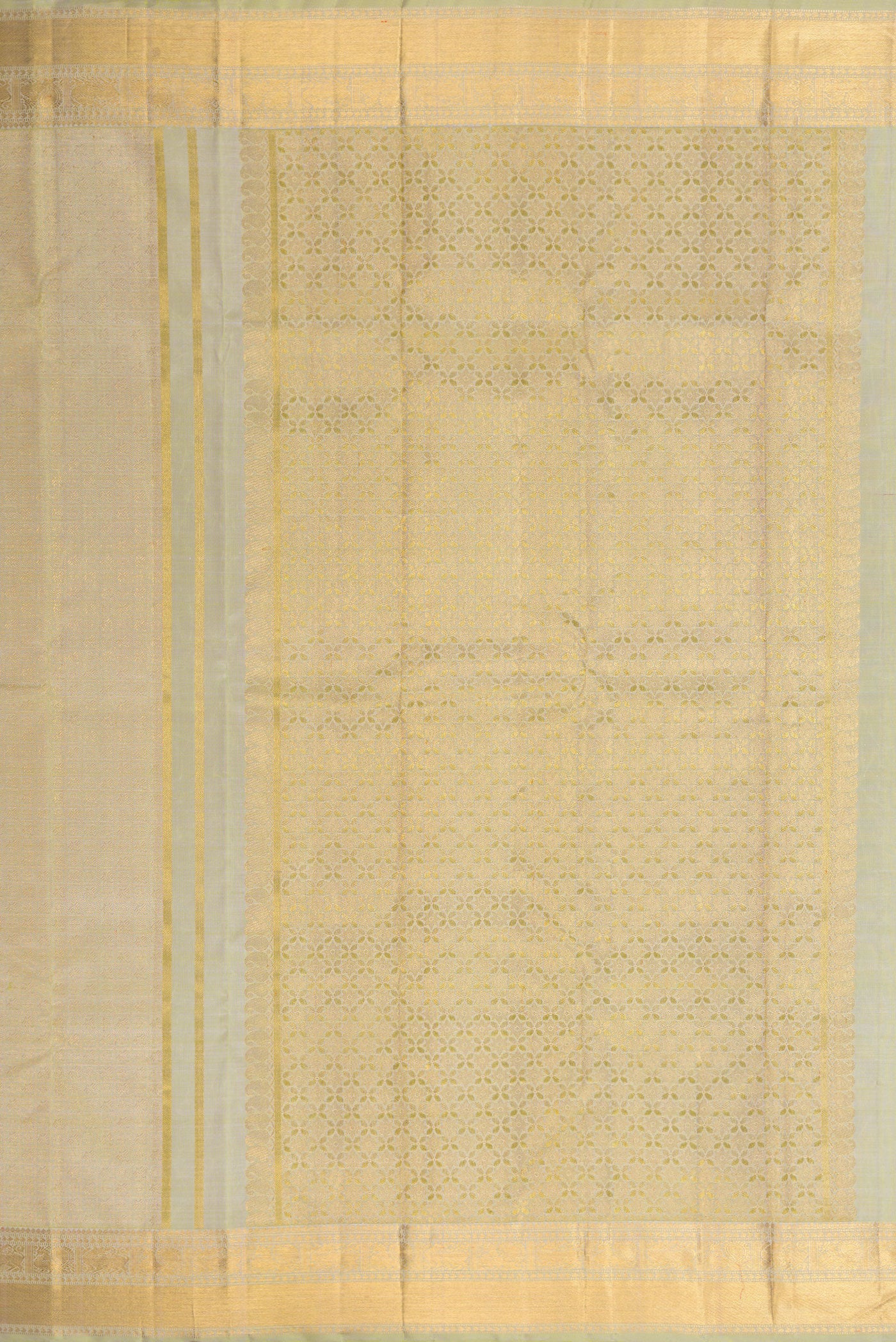 Close up image of the pallu of Pure Silk Pure Zari Light Green Dual Tone Kanjivaram Saree with Zari Brocade on the body and Zari Border. 