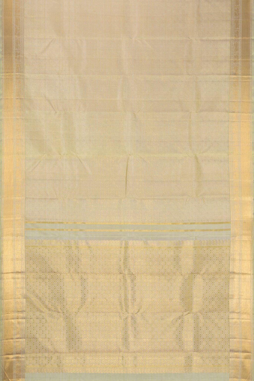 Flat view of Pure Silk Pure Zari Light Green Dual Tone Kanjivaram Saree with Zari Brocade on the body and Zari Border. 