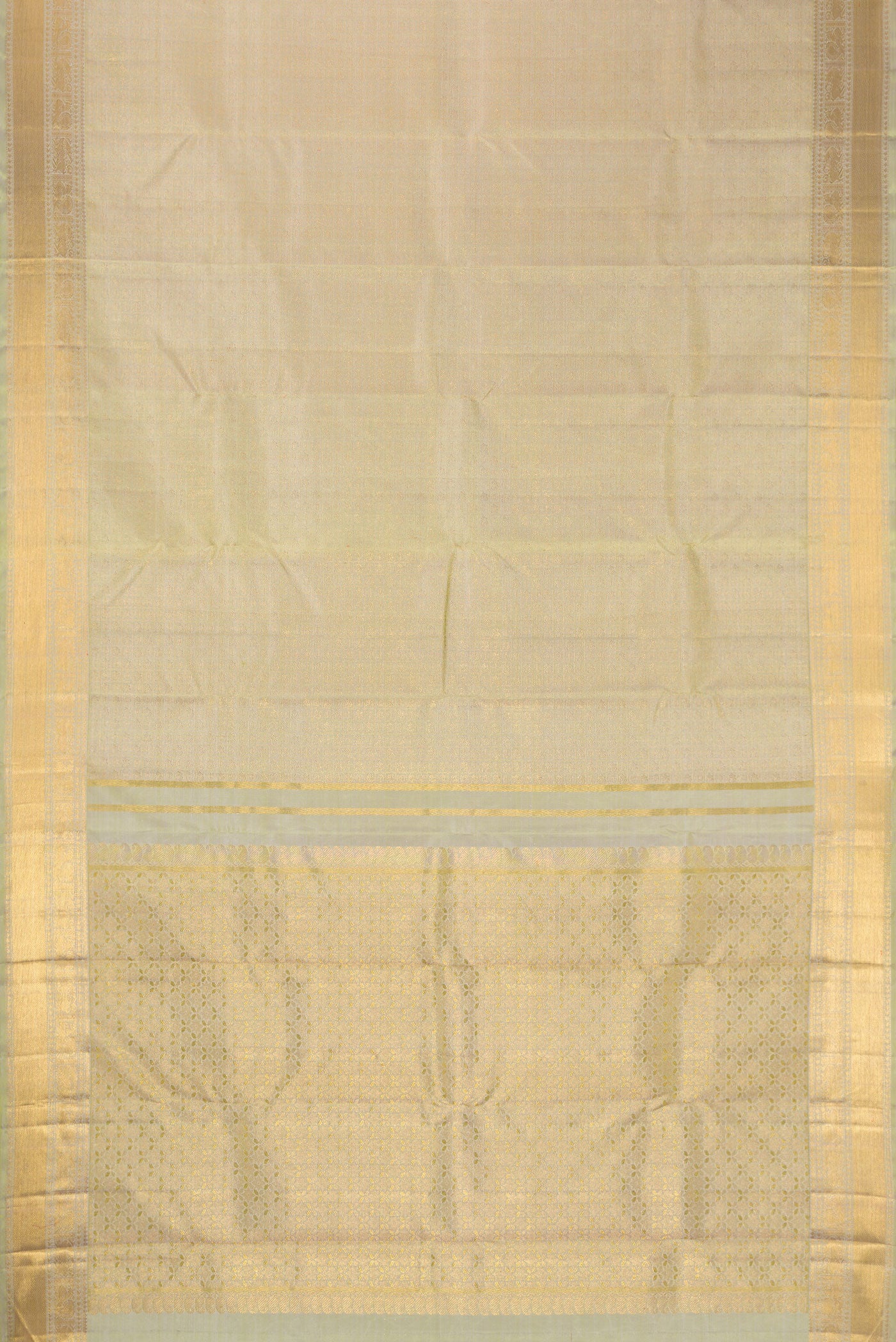 Flat view of Pure Silk Pure Zari Light Green Dual Tone Kanjivaram Saree with Zari Brocade on the body and Zari Border. 
