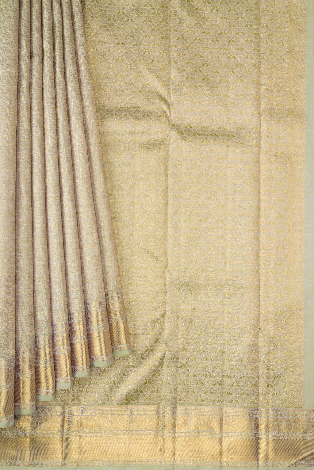 Pleats and pallu of Pure Silk Pure Zari Light Green Dual Tone Kanjivaram Saree with Zari Brocade on the body and Zari Border. 