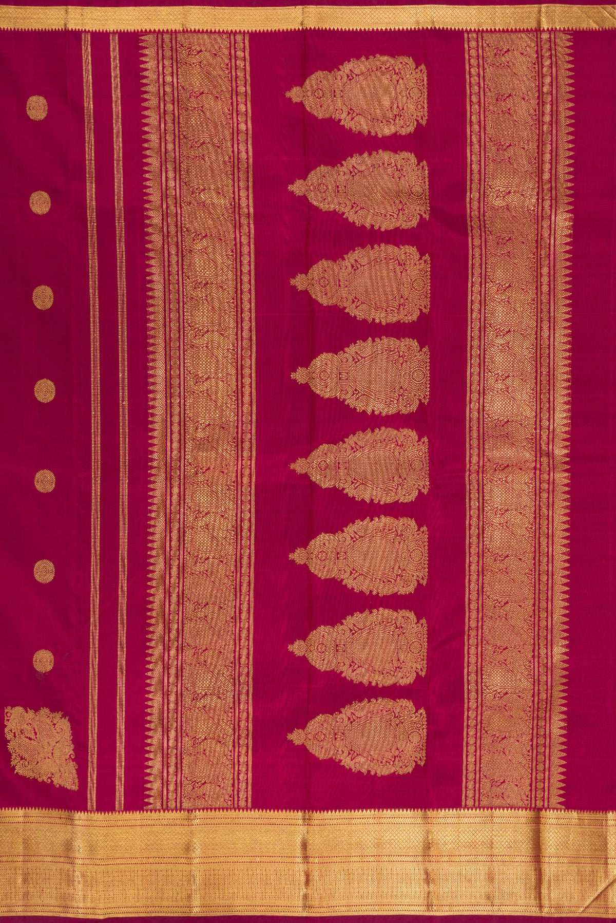 Close up image of the pallu of Pure Silk Pure Zari Maroon Kanjivaram Saree with Zari Butta on the body and Zari Border. 