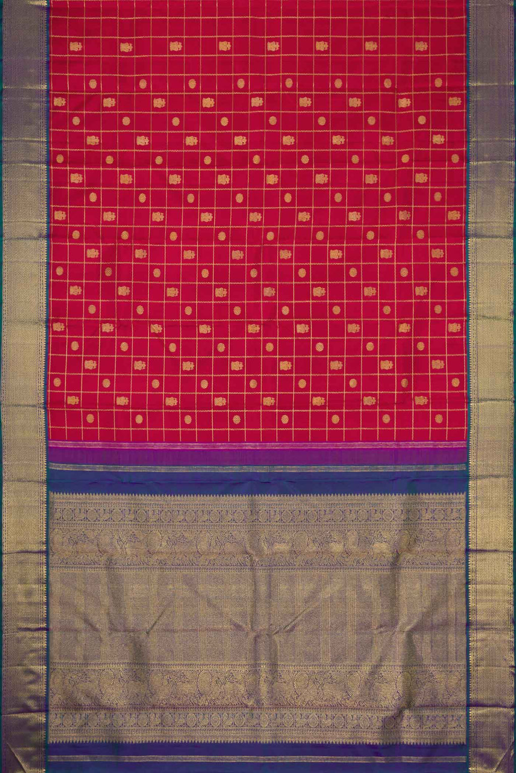 Flat view of Pure Silk Pure Zari Maroon Dual Tone Kanchipuram Saree with Checked design on the body and Zari Border