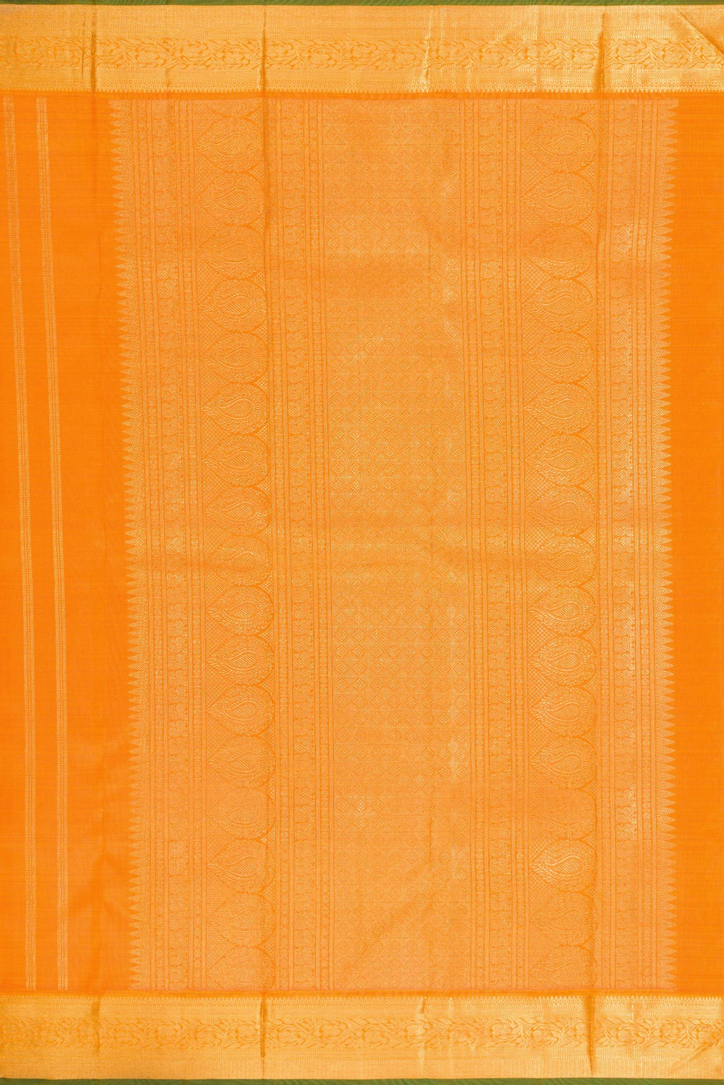 Close up image of the pallu of Pure Silk Pure Zari Orange Dual Tone Kanchipuram Saree with Zari Butta on the body and Zari Border. 