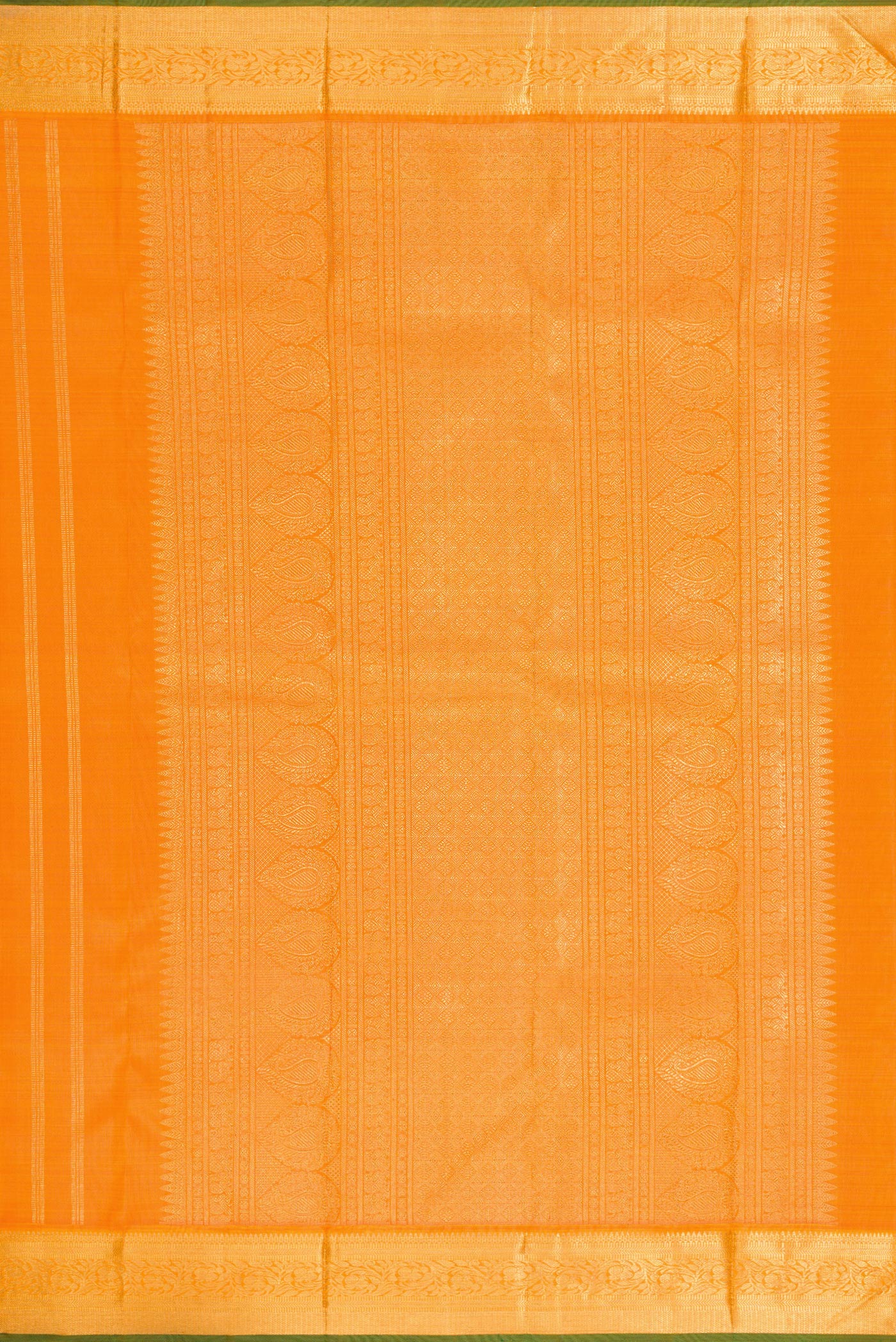 Close up image of the pallu of Pure Silk Pure Zari Orange Dual Tone Kanchipuram Saree with Zari Butta on the body and Zari Border. 