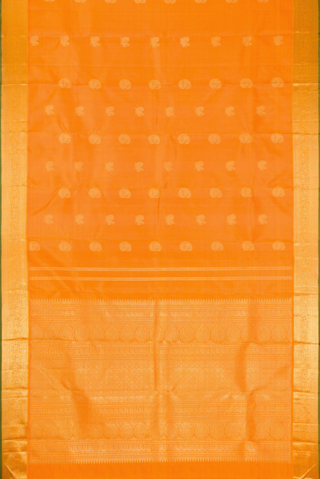 Flat view of Pure Silk Pure Zari Orange Dual Tone Kanchipuram Saree with Zari Butta on the body and Zari Border. 