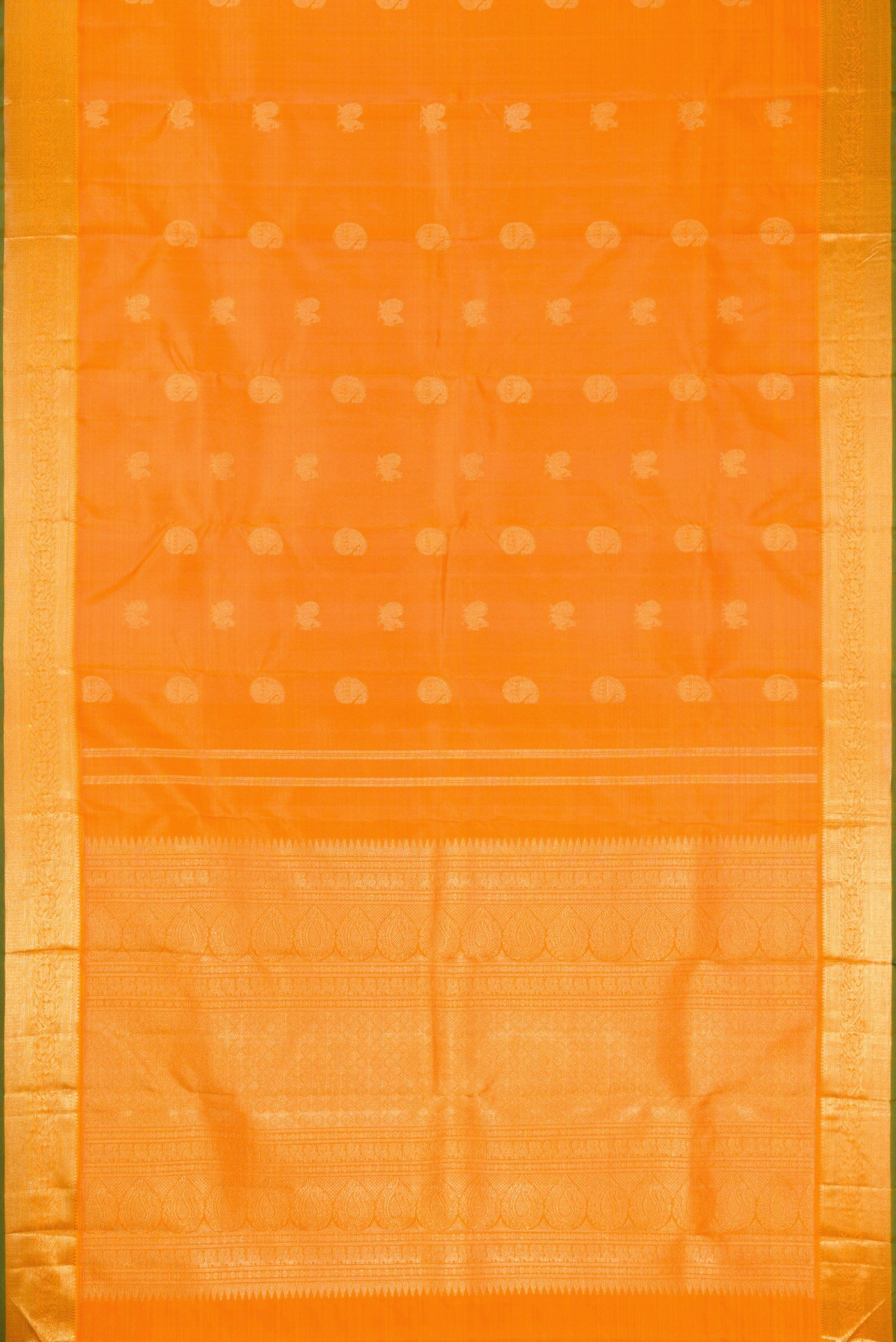 Flat view of Pure Silk Pure Zari Orange Dual Tone Kanchipuram Saree with Zari Butta on the body and Zari Border. 