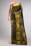 Pure Silk Pure Zari Black Dual Tone Kanjivaram Saree with Zari Brocade on the body and Zari Border.  displayed on a mannequin
