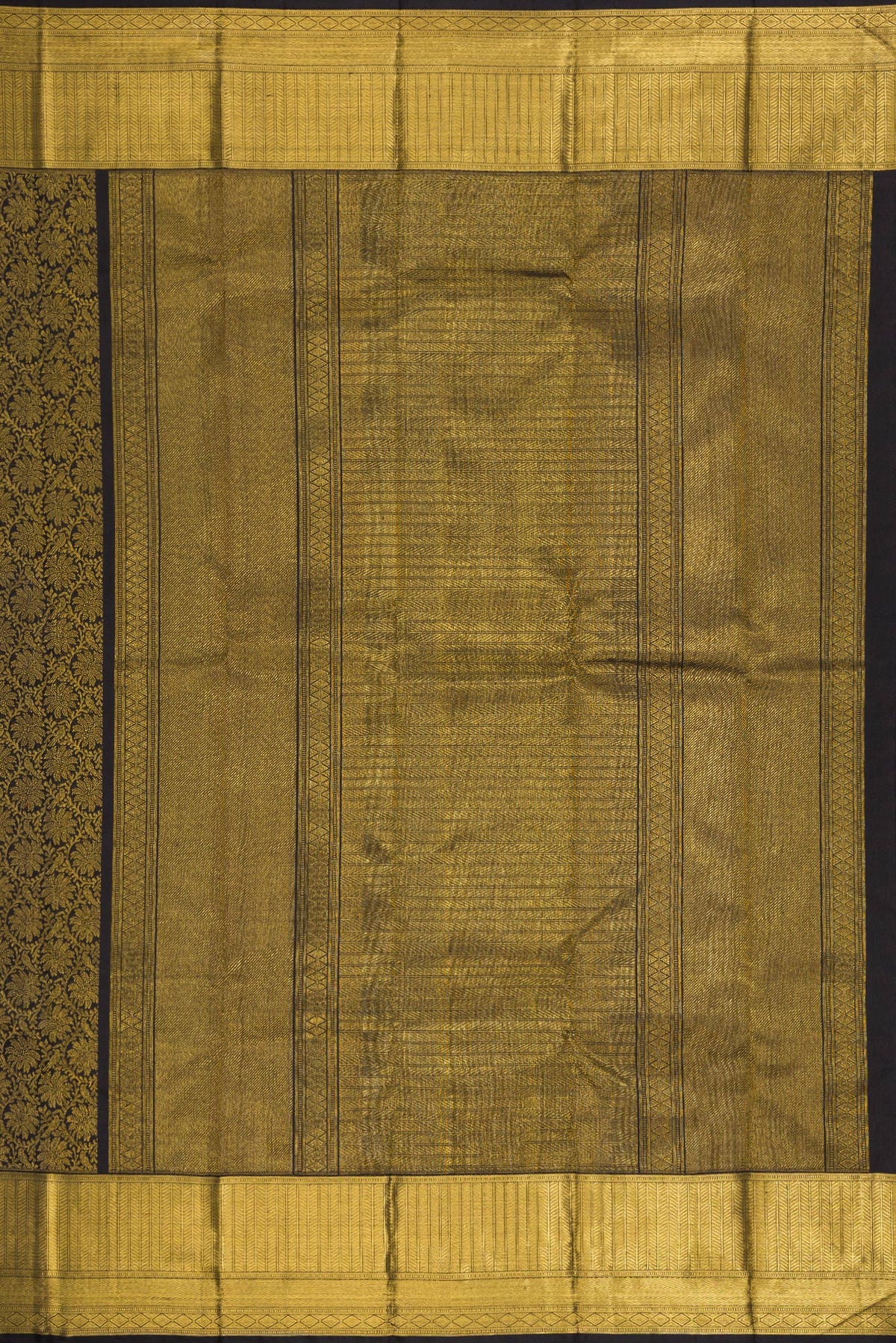 Close up image of the pallu of Pure Silk Pure Zari Black Dual Tone Kanjivaram Saree with Zari Brocade on the body and Zari Border. 