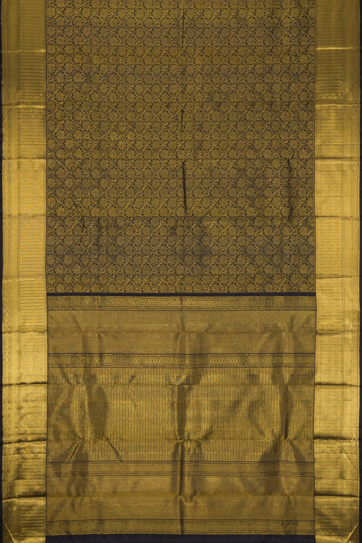 Flat view of Pure Silk Pure Zari Black Dual Tone Kanjivaram Saree with Zari Brocade on the body and Zari Border. 