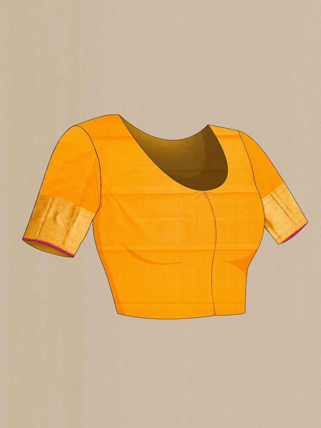 Close up image of the blouse of Pure Silk Pure Zari Mustard Dual Tone Kanjivaram Saree with Zari Brocade on the body and Zari Border. 