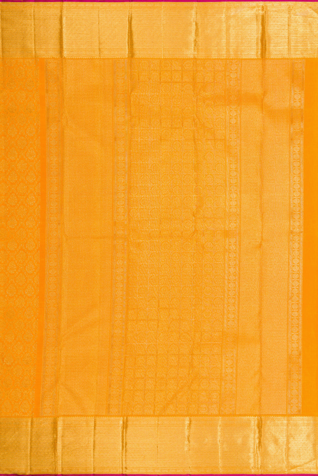 Close up image of the pallu of Pure Silk Pure Zari Mustard Dual Tone Kanjivaram Saree with Zari Brocade on the body and Zari Border. 