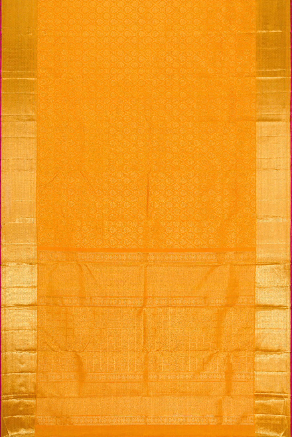 Flat view of Pure Silk Pure Zari Mustard Dual Tone Kanjivaram Saree with Zari Brocade on the body and Zari Border. 