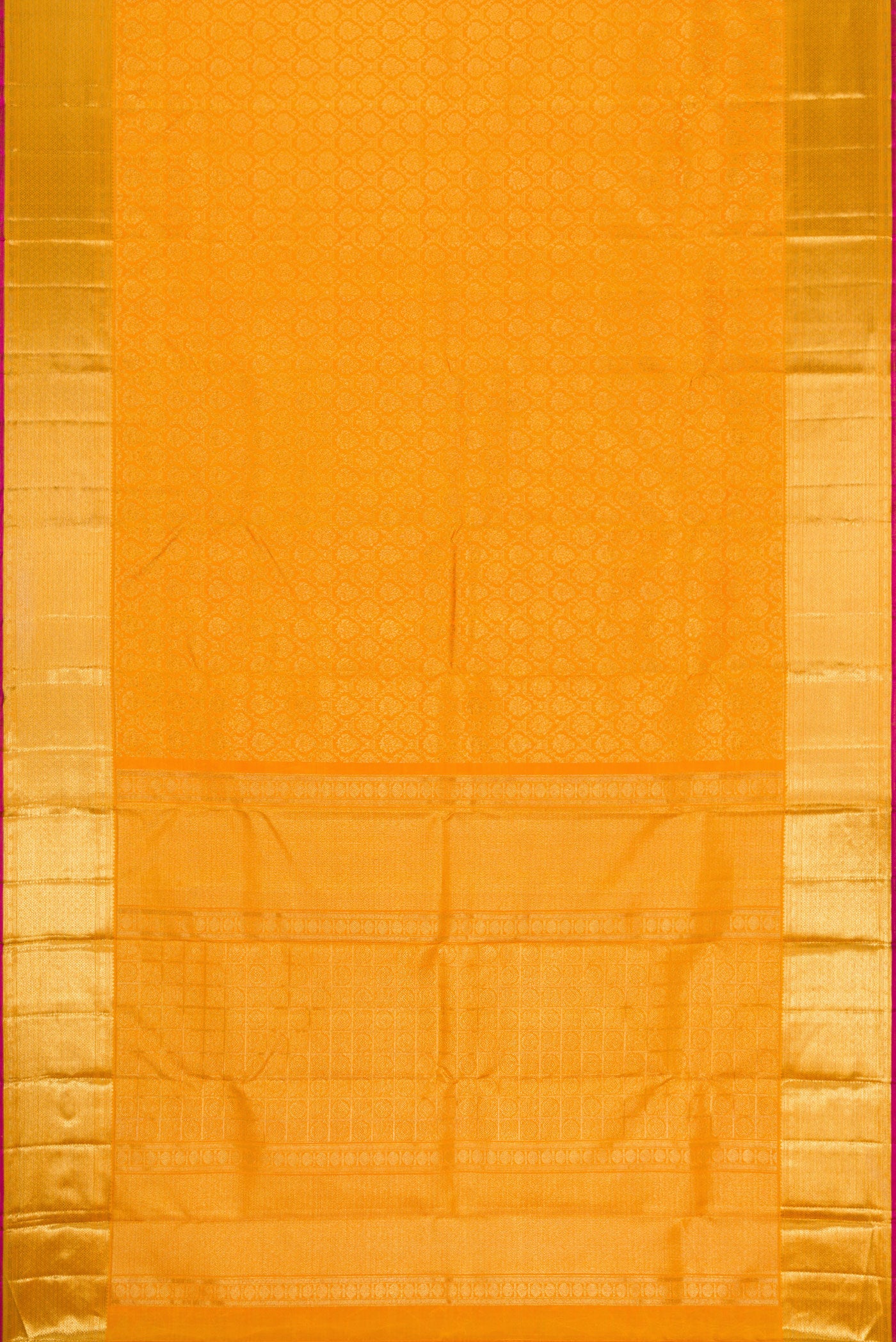 Flat view of Pure Silk Pure Zari Mustard Dual Tone Kanjivaram Saree with Zari Brocade on the body and Zari Border. 
