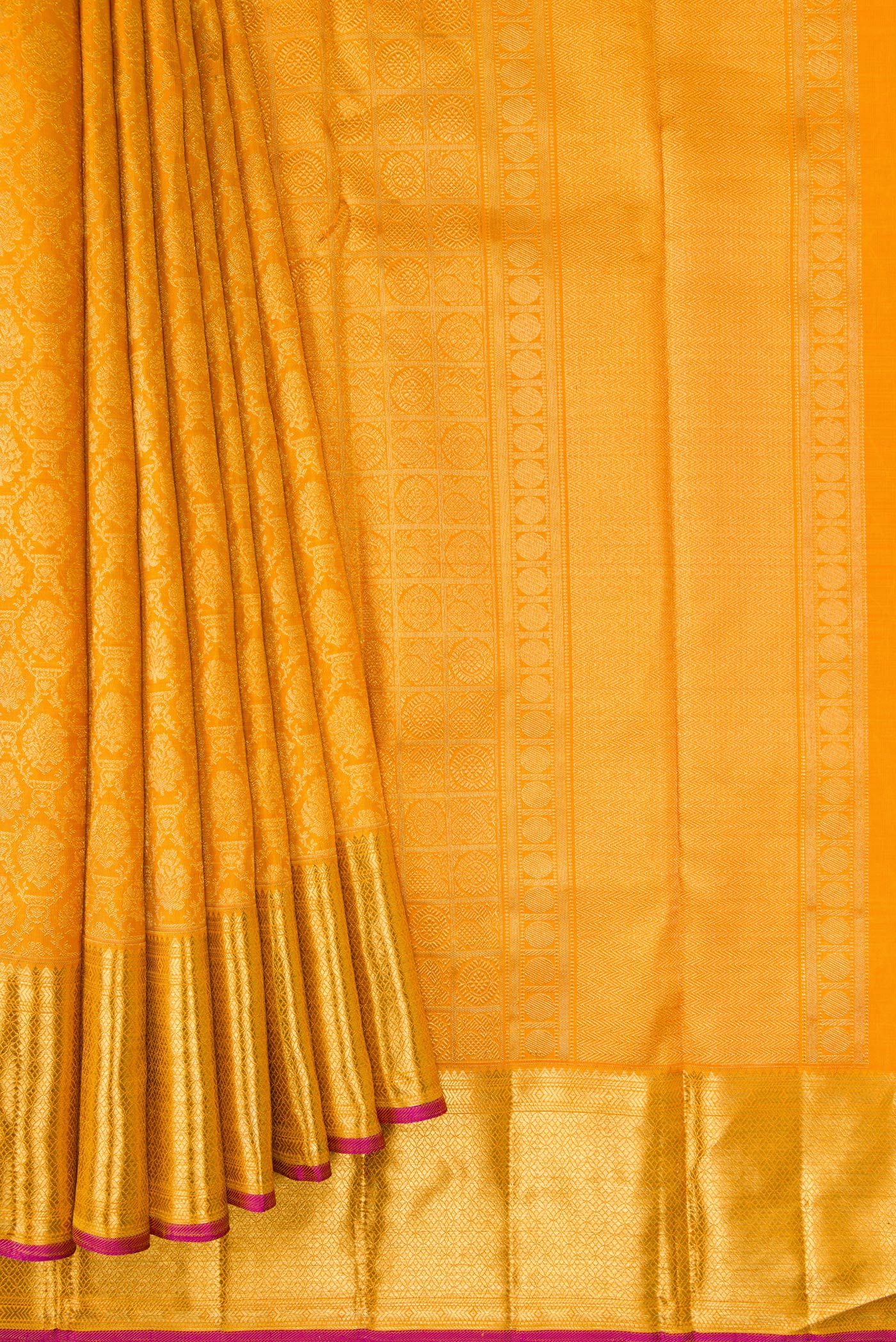 Pleats and pallu of Pure Silk Pure Zari Mustard Dual Tone Kanjivaram Saree with Zari Brocade on the body and Zari Border. 