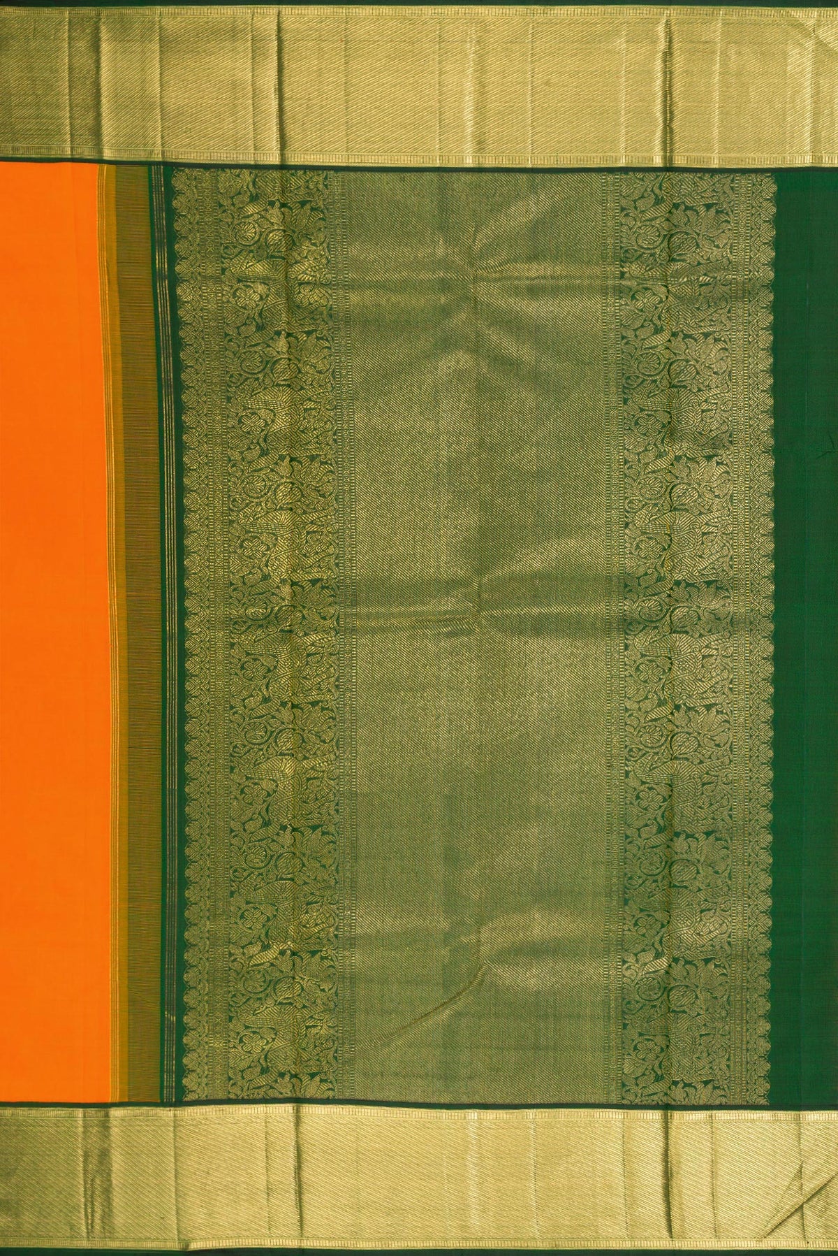 Close up image of the pallu of Pure Silk Pure Zari Orange Kanjivaram Saree with Zari Butta on the body and Zari Border. 
