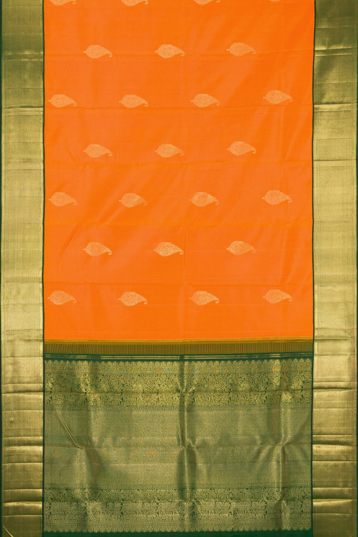 Flat view of Pure Silk Pure Zari Orange Kanjivaram Saree with Zari Butta on the body and Zari Border. 