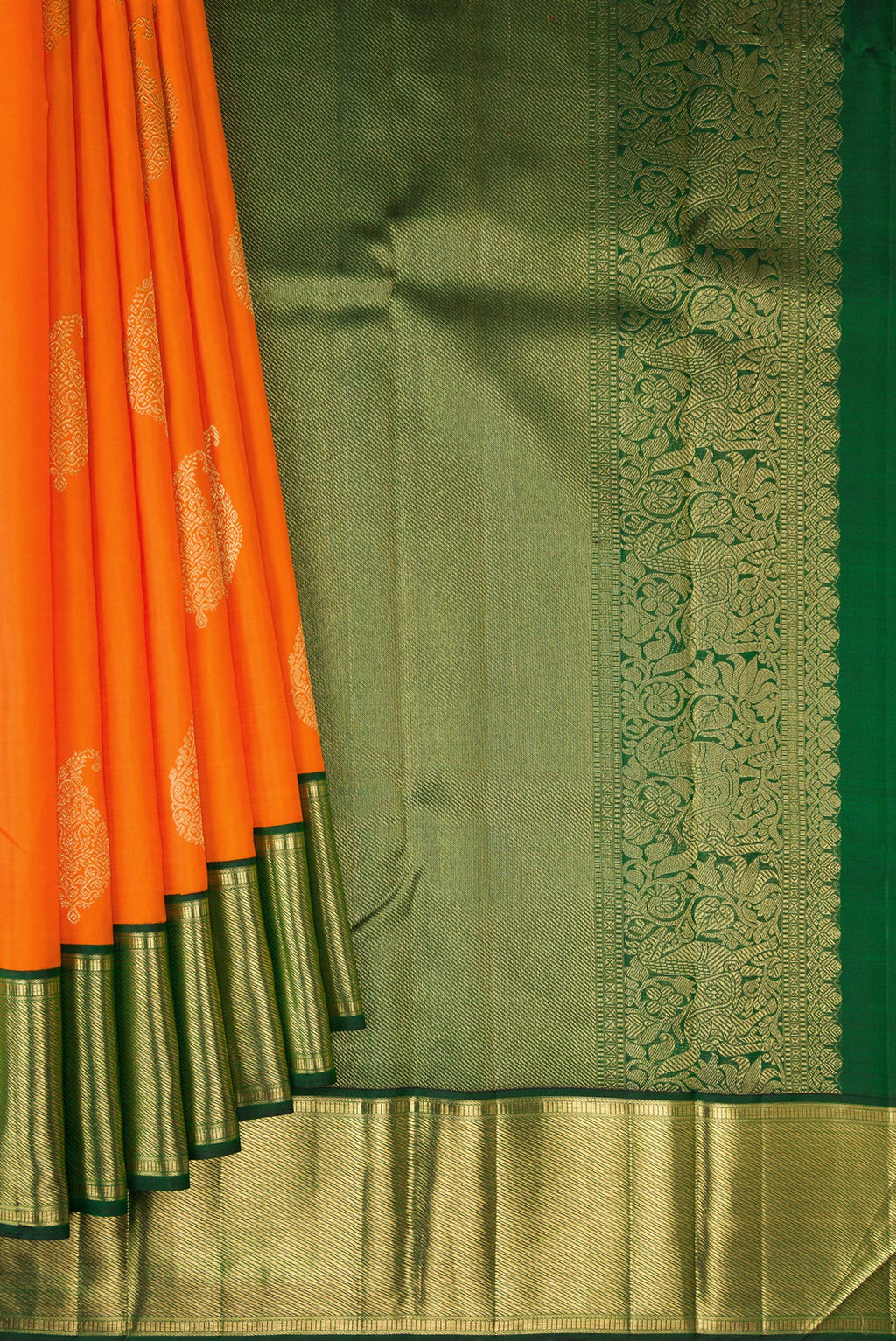 Pleats and pallu of Pure Silk Pure Zari Orange Kanjivaram Saree with Zari Butta on the body and Zari Border. 