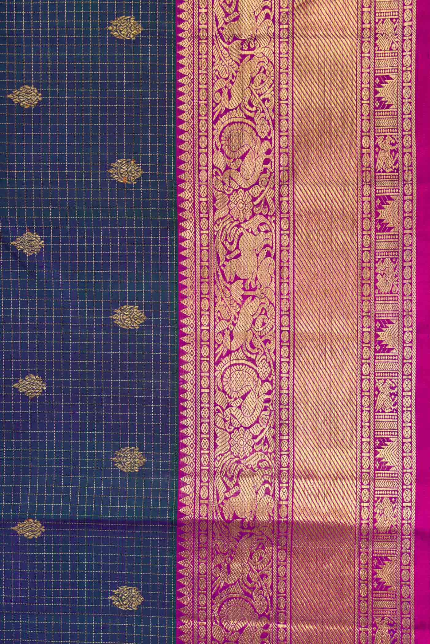 Border image of Pure Silk Pure Zari Peacock Blue Dual Tone Kanchipuram Saree with Checked design on the body and Zari Border