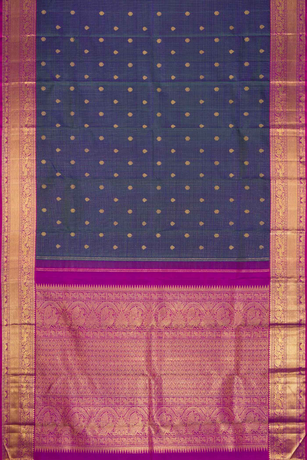Flat view of Pure Silk Pure Zari Peacock Blue Dual Tone Kanchipuram Saree with Checked design on the body and Zari Border