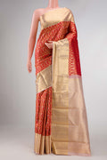 Red Dual Tone Kanchipuram Silk Saree with Zari Brocade on the body and Zari Border displayed on a mannequin