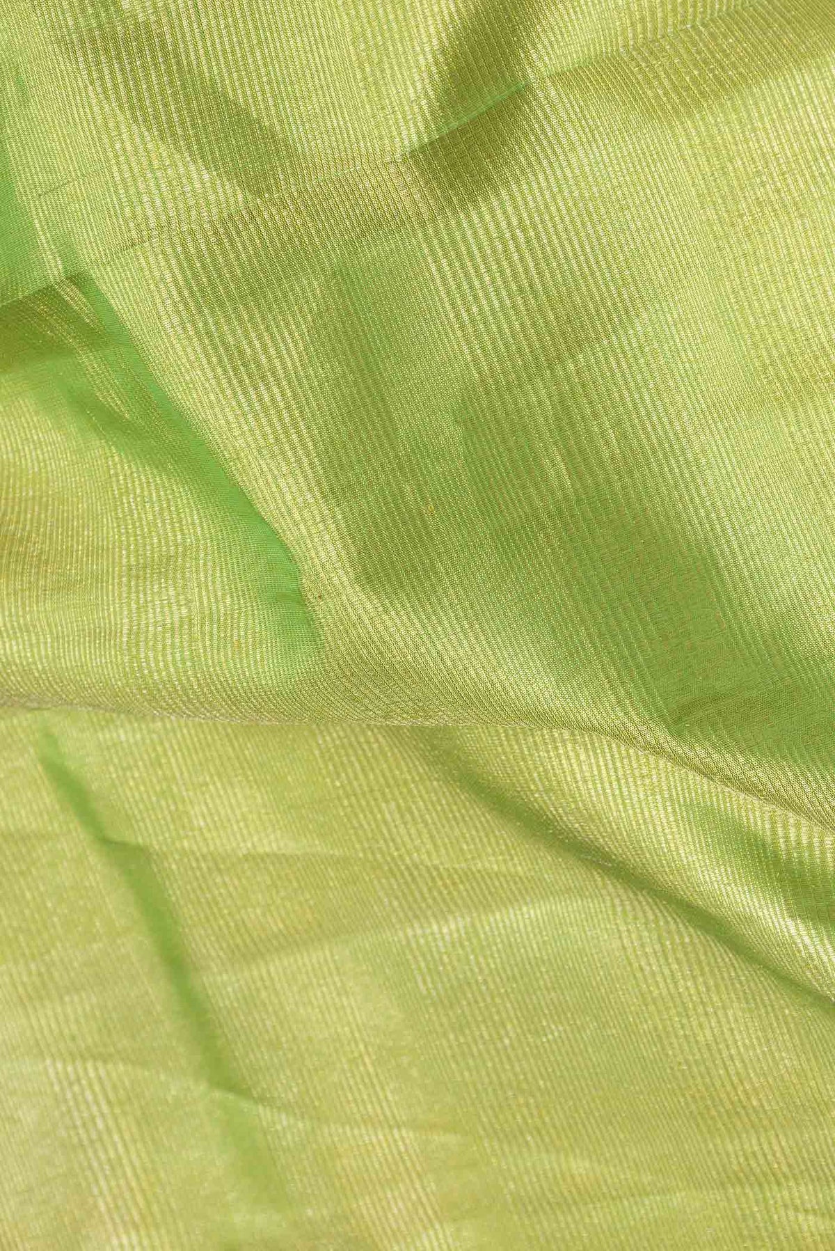Close up of Pure Silk Pure Zari Green Dual Tone Kanchipuram Saree with Zari Brocade on the body and Zari Border displaying folds