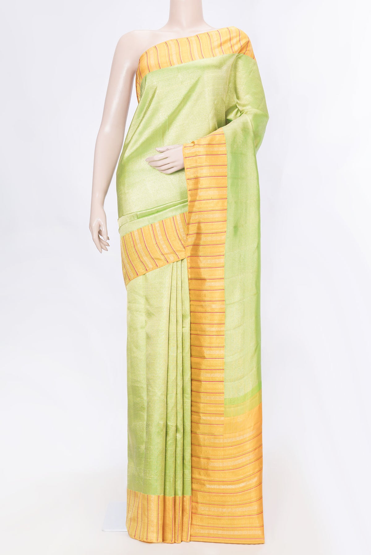Pure Silk Pure Zari Green Dual Tone Kanchipuram Saree with Zari Brocade on the body and Zari Border displayed on a mannequin