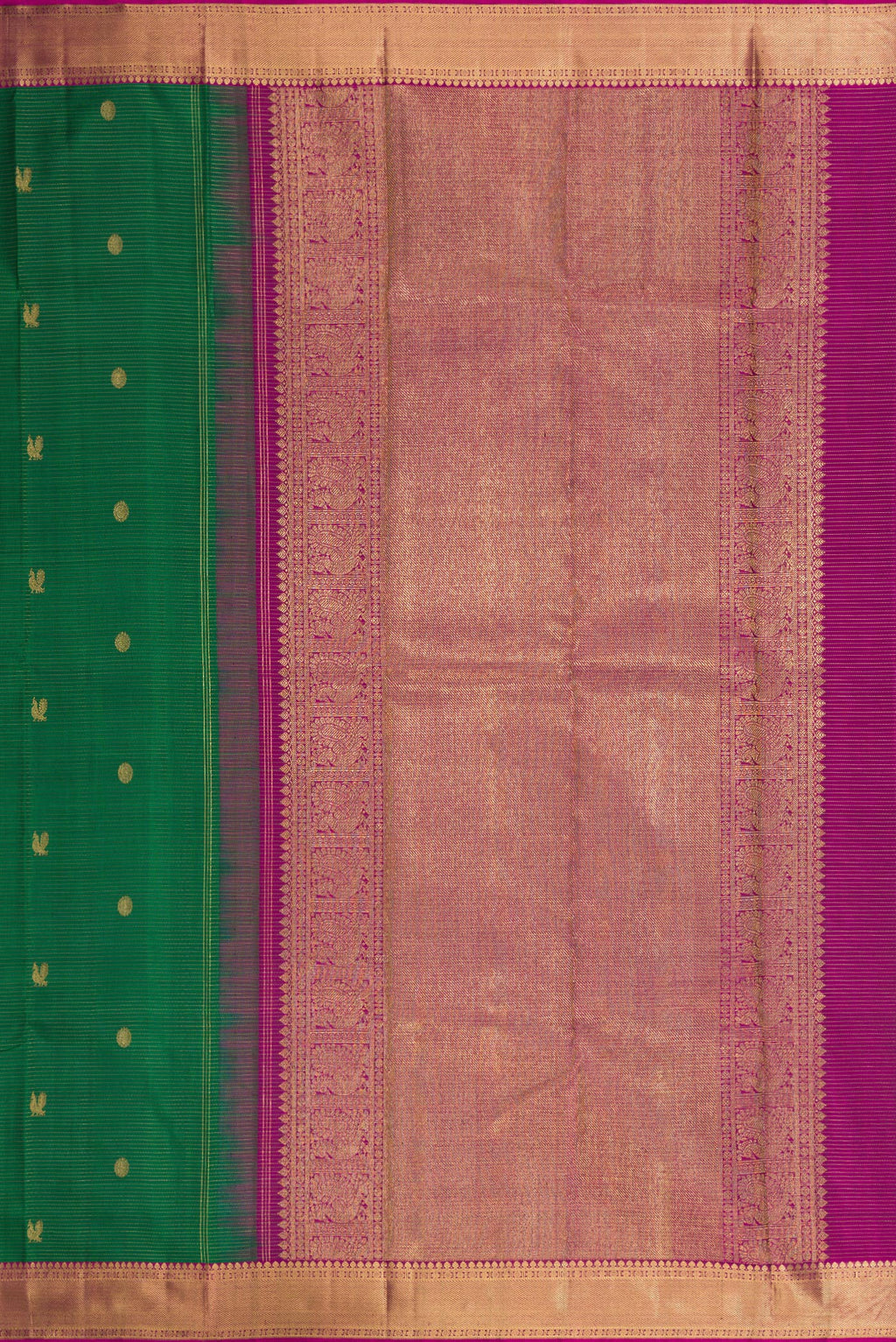 Close up image of the pallu of Pure Silk Pure Zari Bottle Green Kanjivaram Saree with Stripes on the body and Zari Border. 