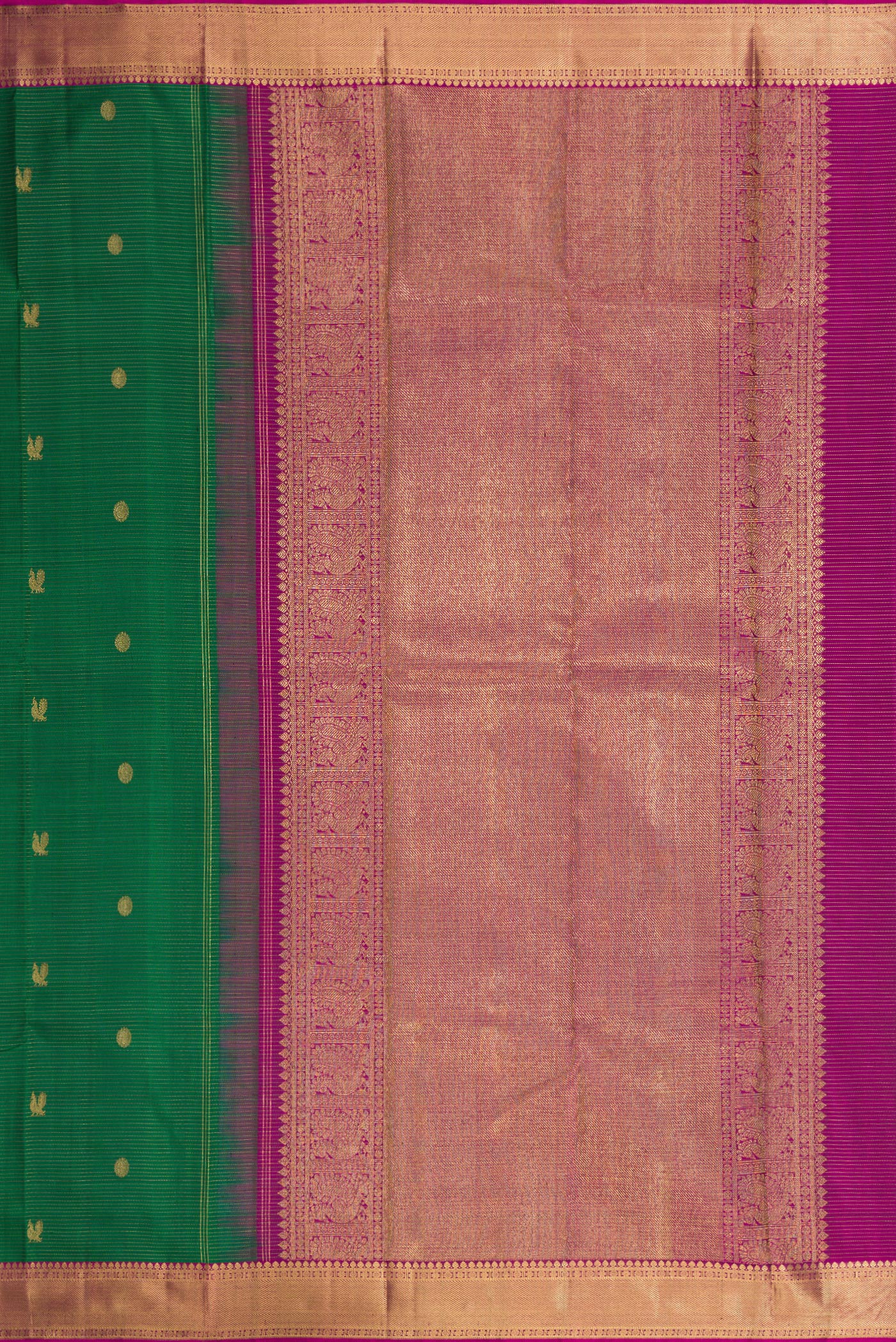 Close up image of the pallu of Pure Silk Pure Zari Bottle Green Kanjivaram Saree with Stripes on the body and Zari Border. 