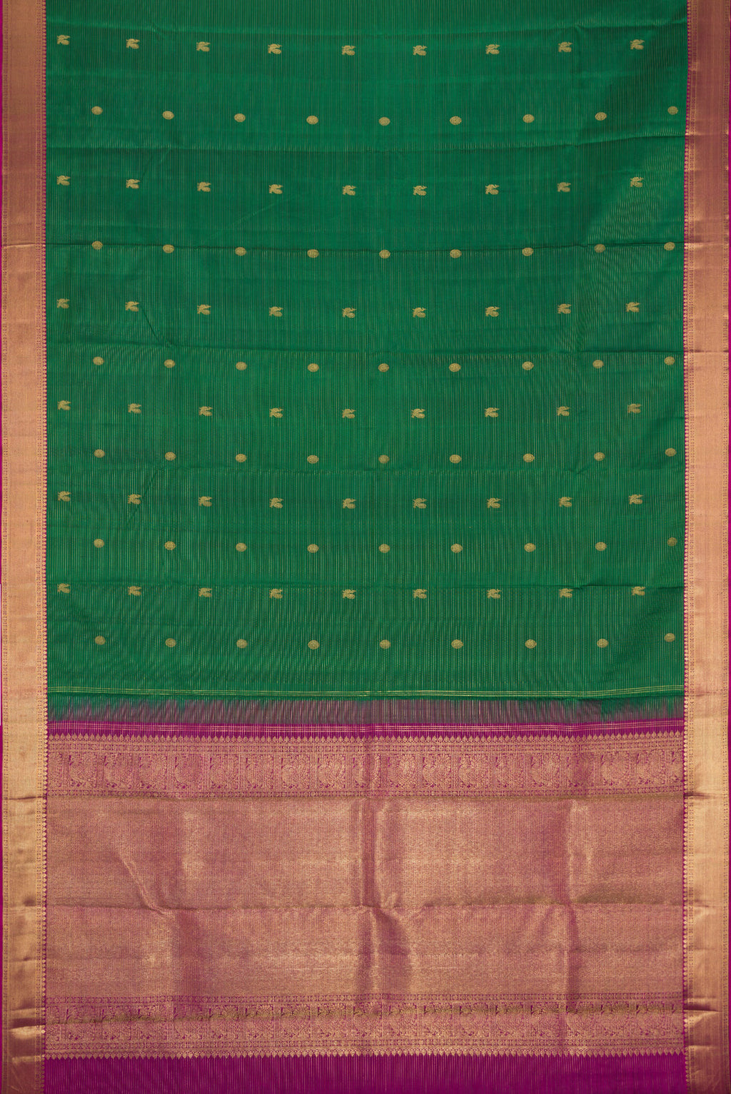 Flat view of Pure Silk Pure Zari Bottle Green Kanjivaram Saree with Stripes on the body and Zari Border. 