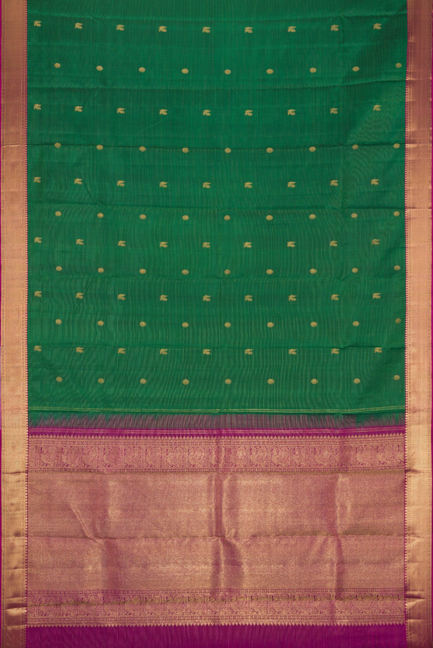 Flat view of Pure Silk Pure Zari Bottle Green Kanjivaram Saree with Stripes on the body and Zari Border. 