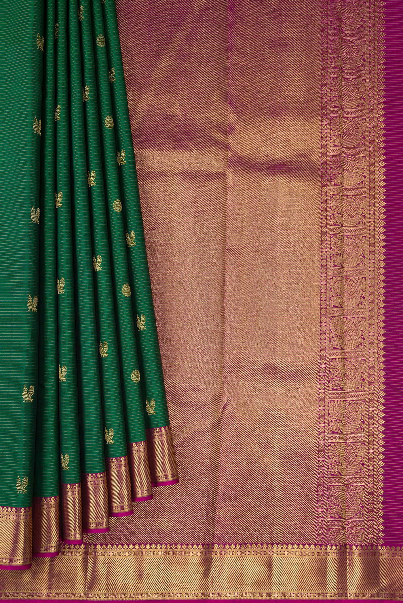 Pleats and pallu of Pure Silk Pure Zari Bottle Green Kanjivaram Saree with Stripes on the body and Zari Border. 