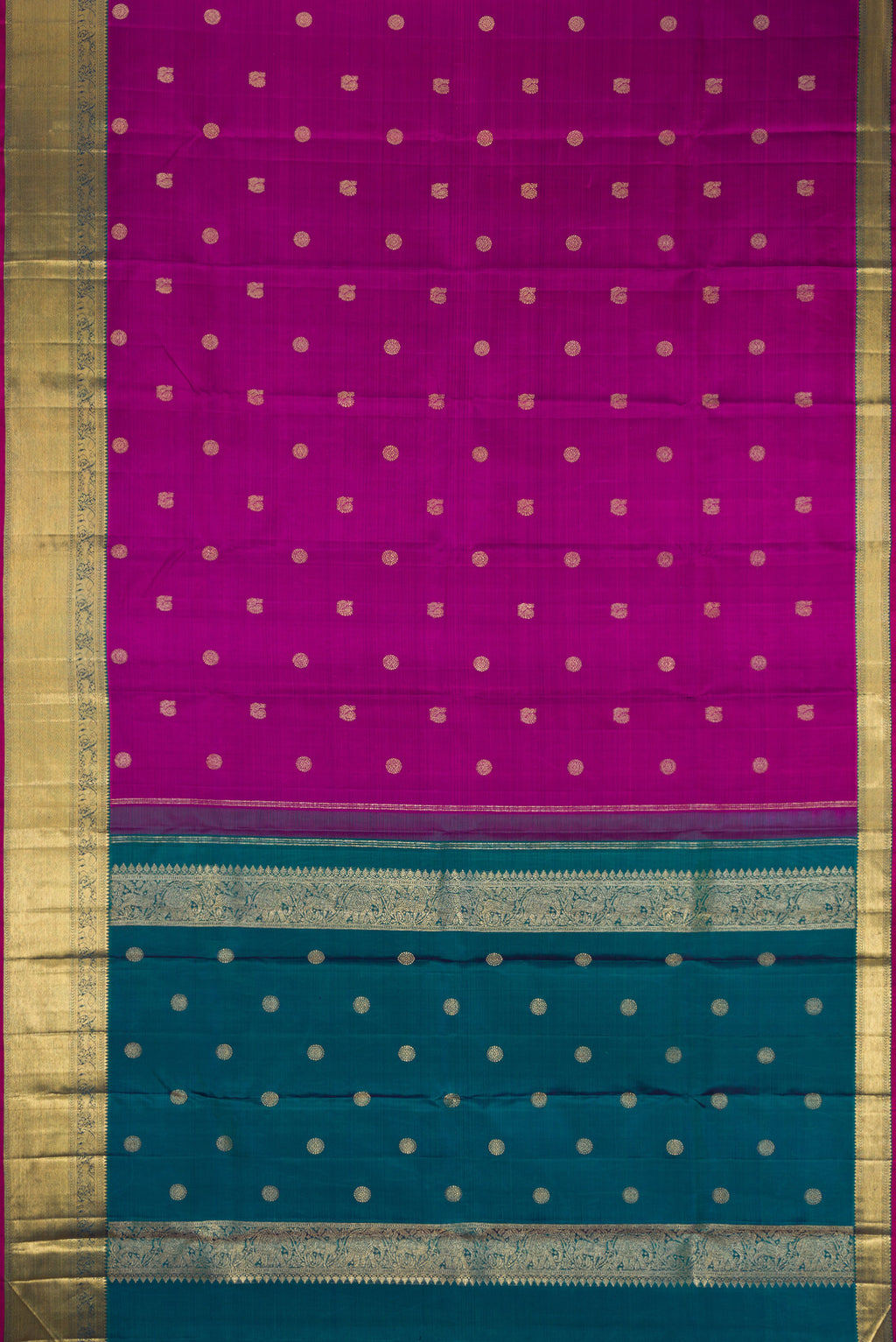 Flat view of Pure Silk Pure Zari Magenta Dual Tone Kanchipuram Saree with Zari Butta on the body and Zari Border. 