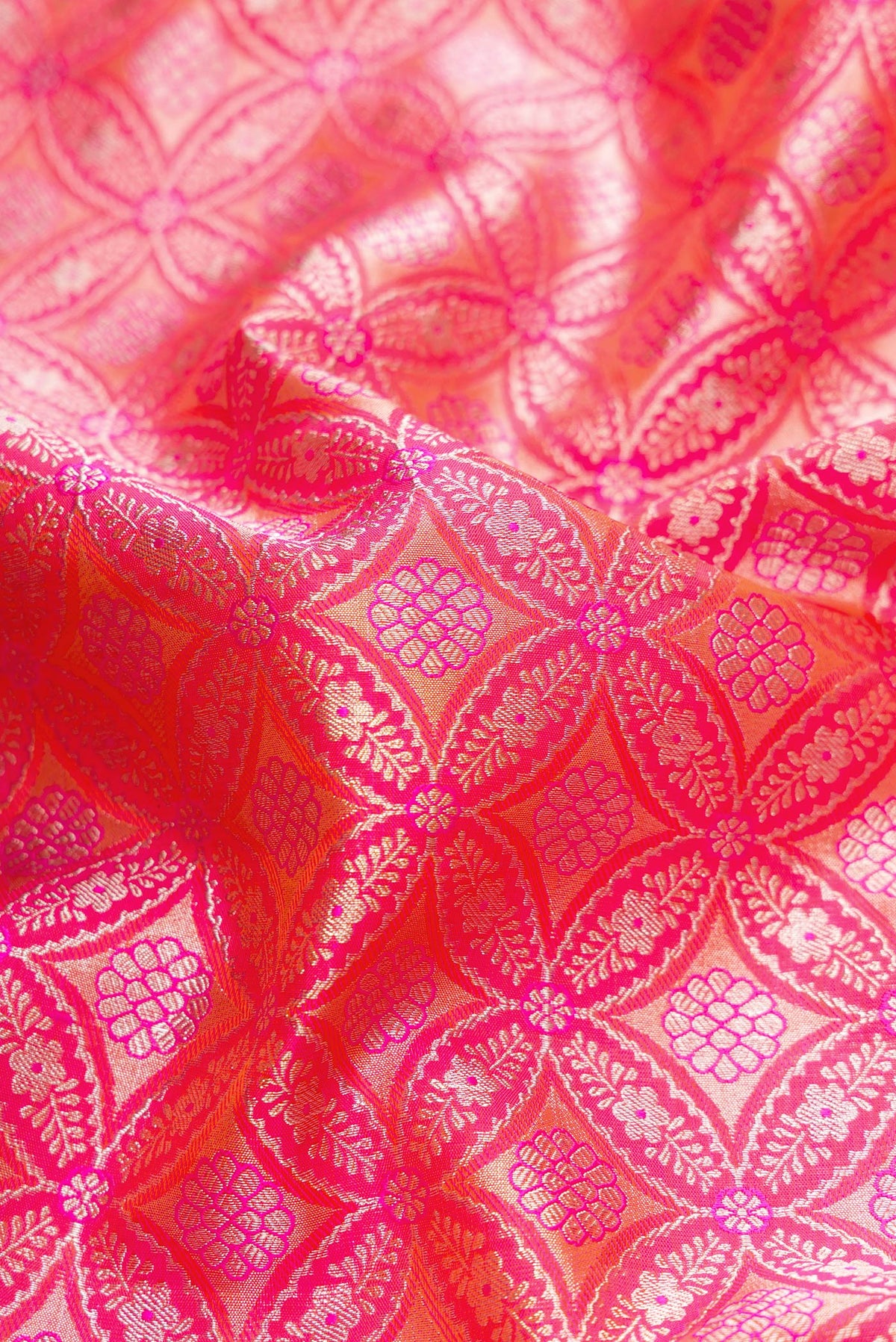 Close up of Pink Dual Tone Kanjivaram Silk Saree with Zari Brocade on the body and Zari Border.  displaying folds