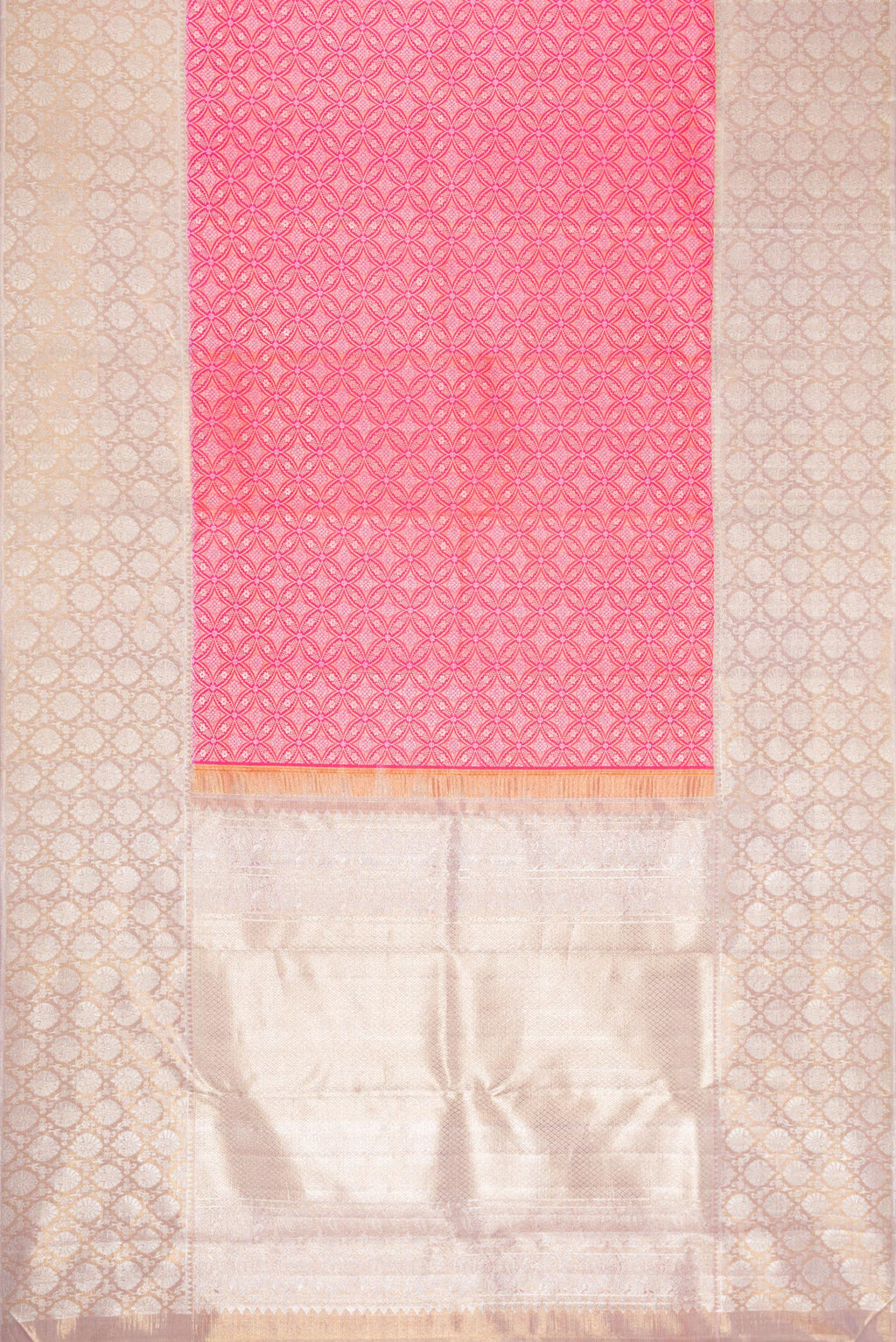 Flat view of Pink Dual Tone Kanjivaram Silk Saree with Zari Brocade on the body and Zari Border. 