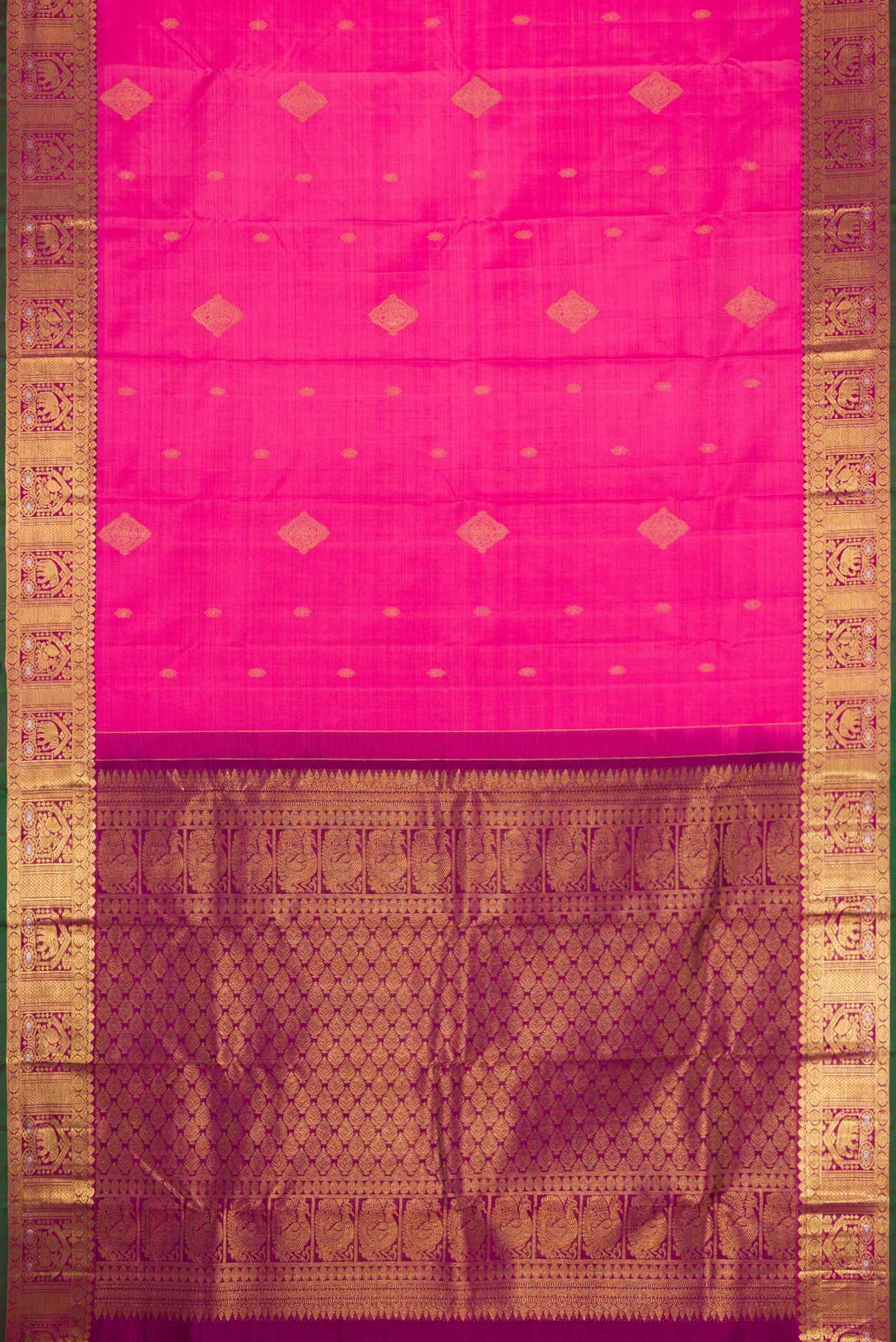 Flat view of Pink Kanchipuram Silk Saree with Zari Butta on the body and Zari Border