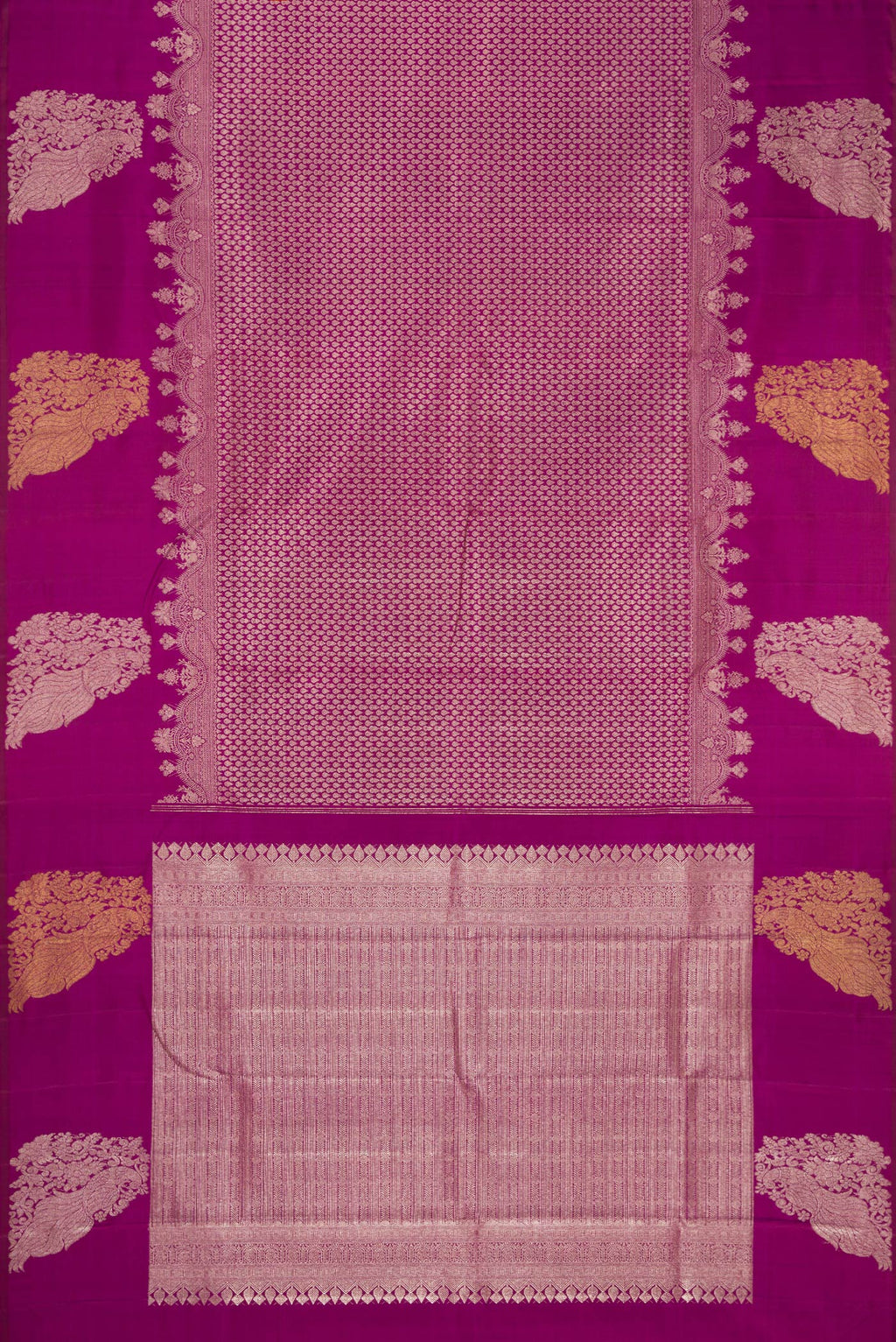 Flat view of Magenta Kanchipuram Silk Saree with Zari Brocade on the body and Fancy Border. 