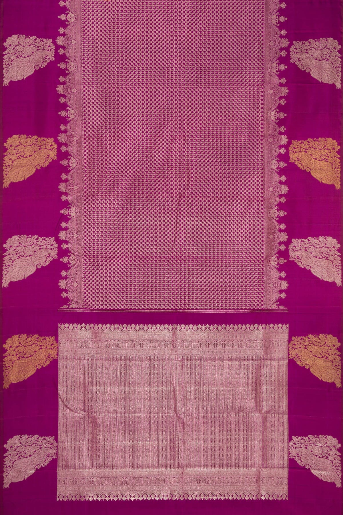 Flat view of Magenta Kanchipuram Silk Saree with Zari Brocade on the body and Fancy Border. 
