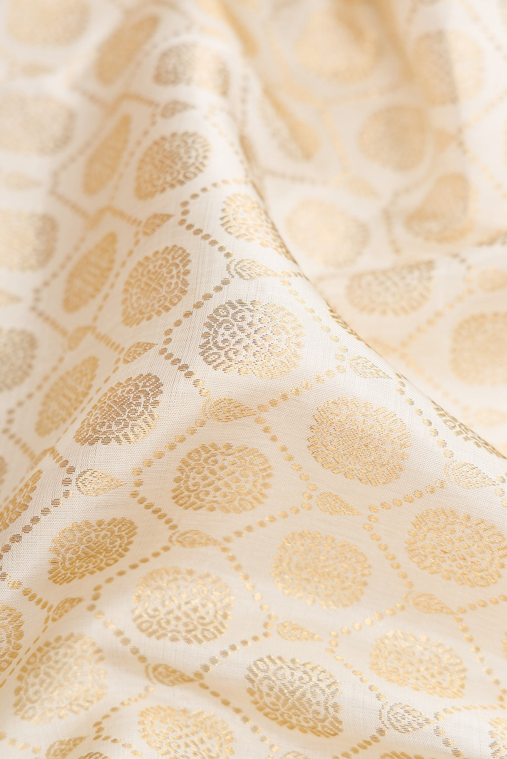 Close up of Off White Dual Tone Kanchipuram Silk Saree with Zari Brocade on the body and Zari Border.  displaying folds