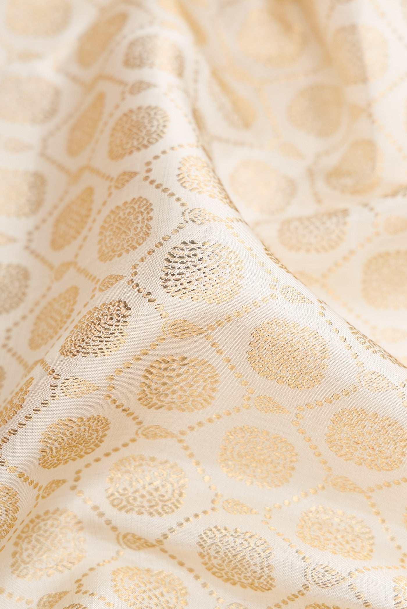Close up of Off White Dual Tone Kanchipuram Silk Saree with Zari Brocade on the body and Zari Border.  displaying folds