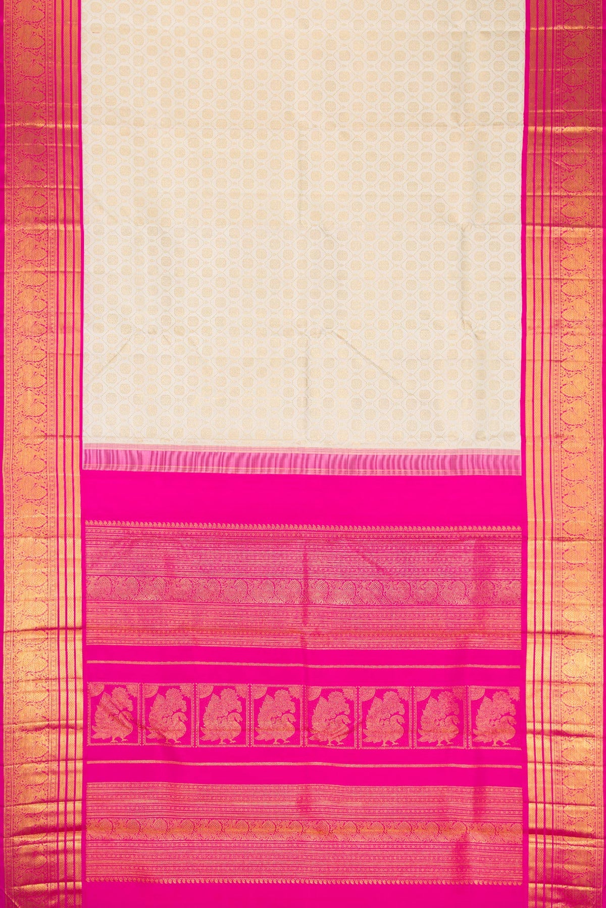 Flat view of Off White Dual Tone Kanchipuram Silk Saree with Zari Brocade on the body and Zari Border. 