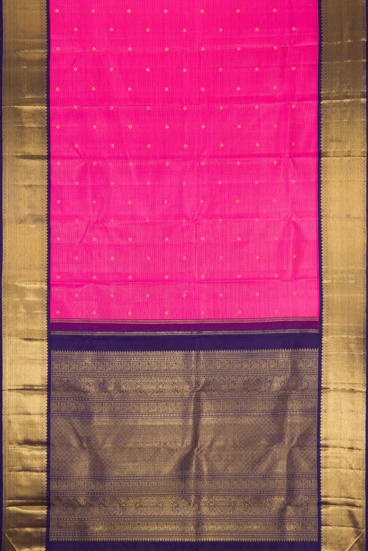 Flat view of Pure Silk Pure Zari Pink Dual Tone Kanjivaram Saree with Zari Butta on the body and Zari Border. 