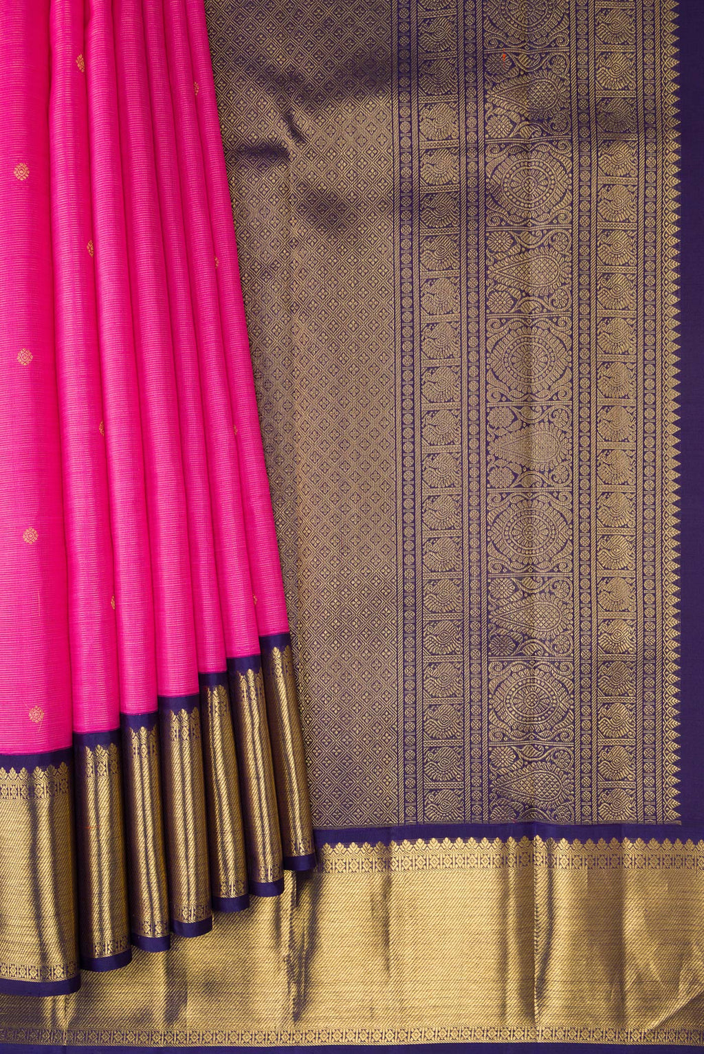 Pleats and pallu of Pure Silk Pure Zari Pink Dual Tone Kanjivaram Saree with Zari Butta on the body and Zari Border. 