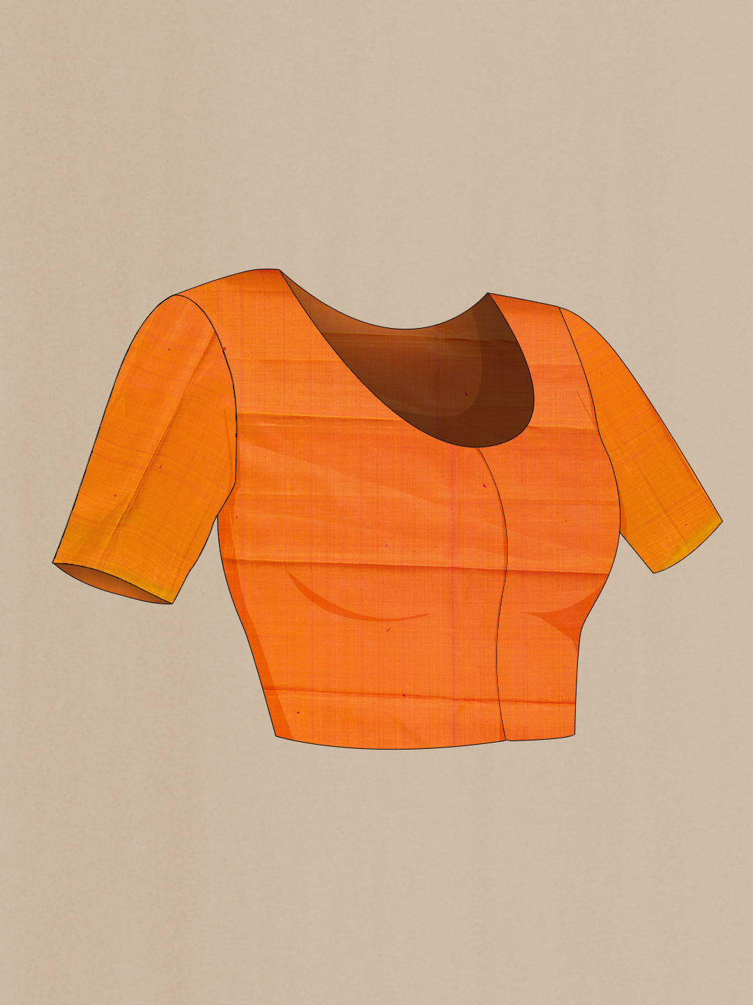 Close up image of the blouse of Orange Kanchipuram Silk Saree with Checked design on the body and Thread Border. 