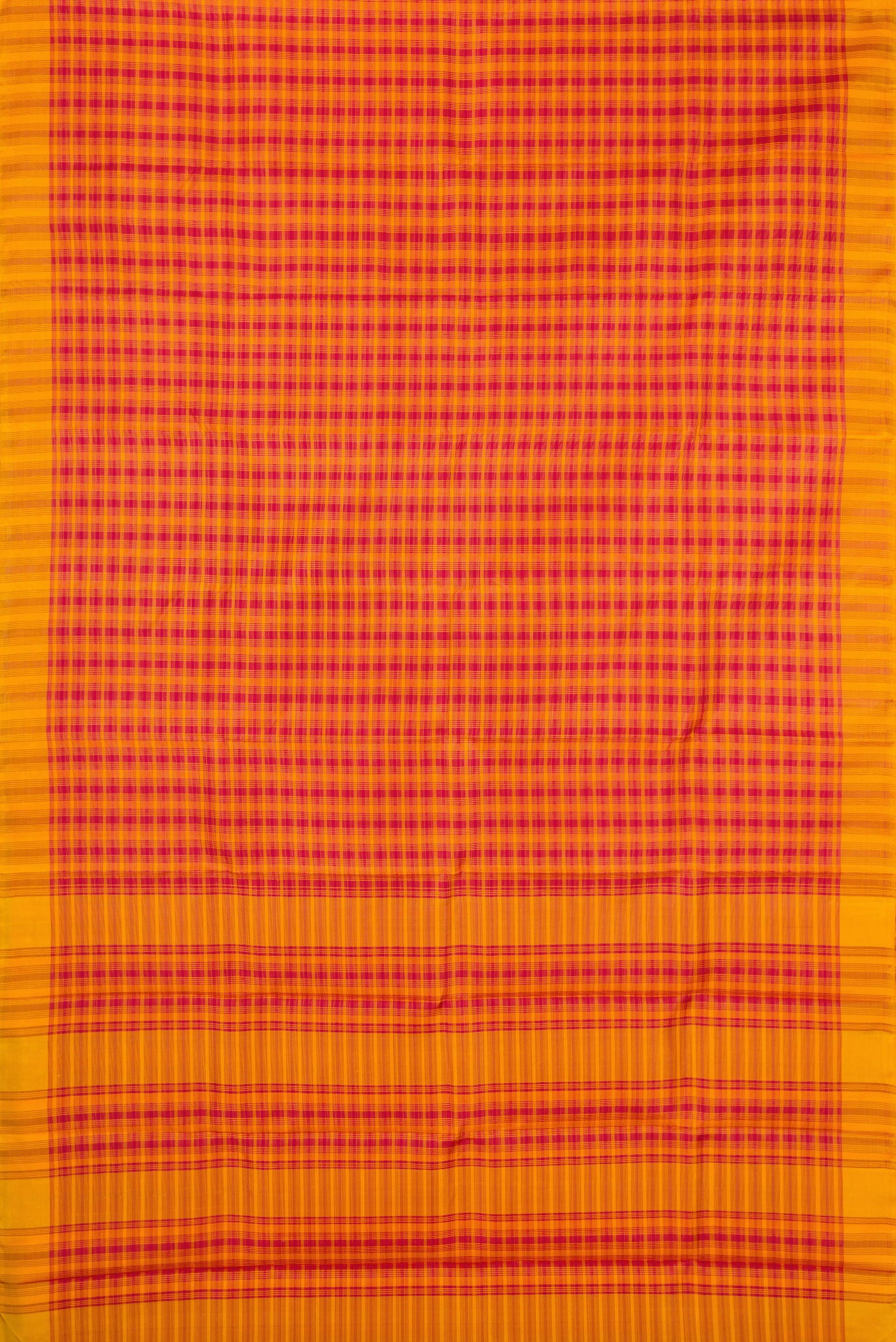 Flat view of Orange Kanchipuram Silk Saree with Checked design on the body and Thread Border. 