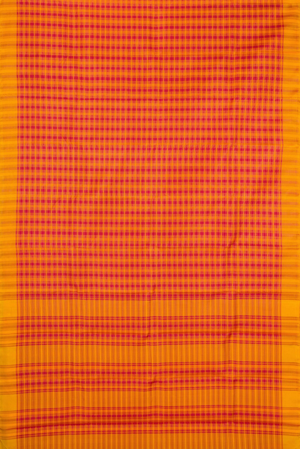 Flat view of Orange Kanchipuram Silk Saree with Checked design on the body and Thread Border. 