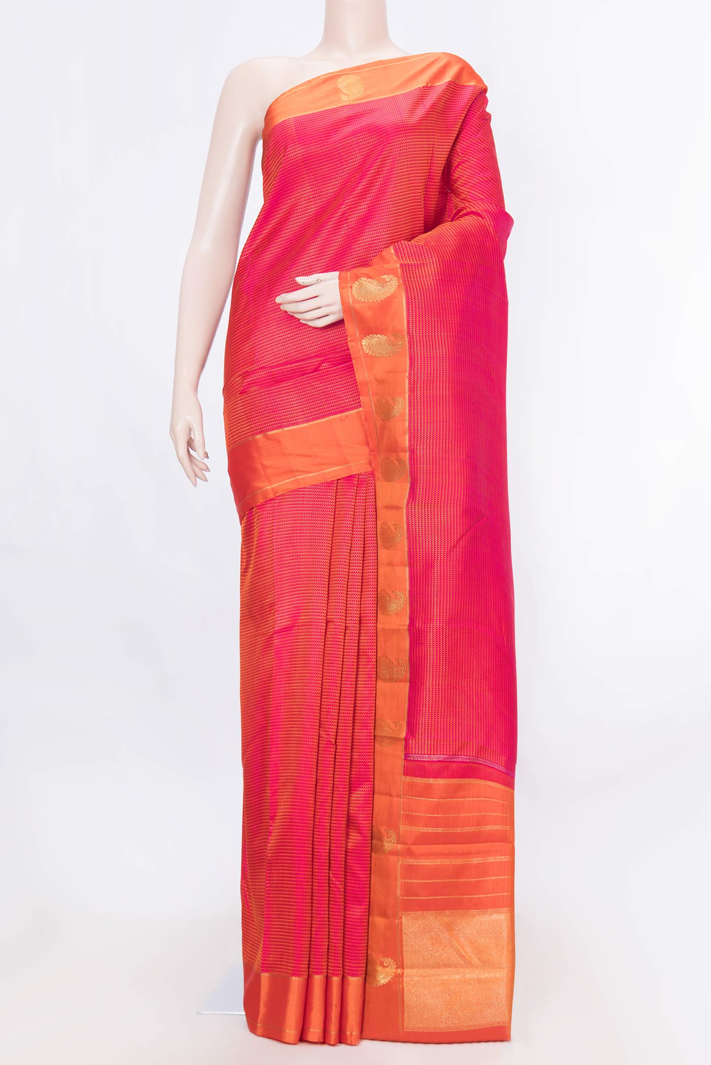 Pure Silk Pure Zari Pink Dual Tone Kanchipuram SareeJacquard design on the body and Zari Border displayed on a mannequin