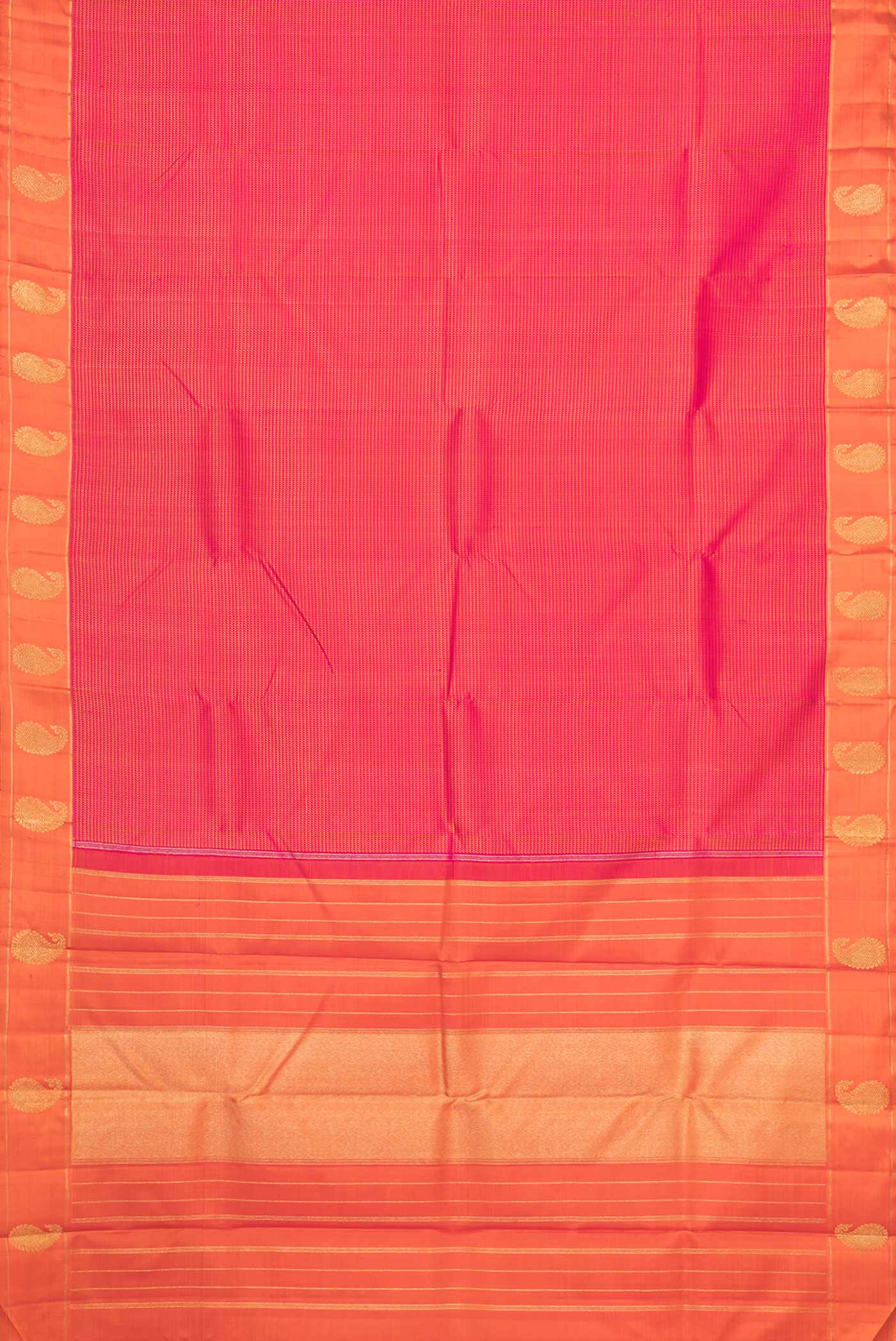 Flat view of Pure Silk Pure Zari Pink Dual Tone Kanchipuram SareeJacquard design on the body and Zari Border